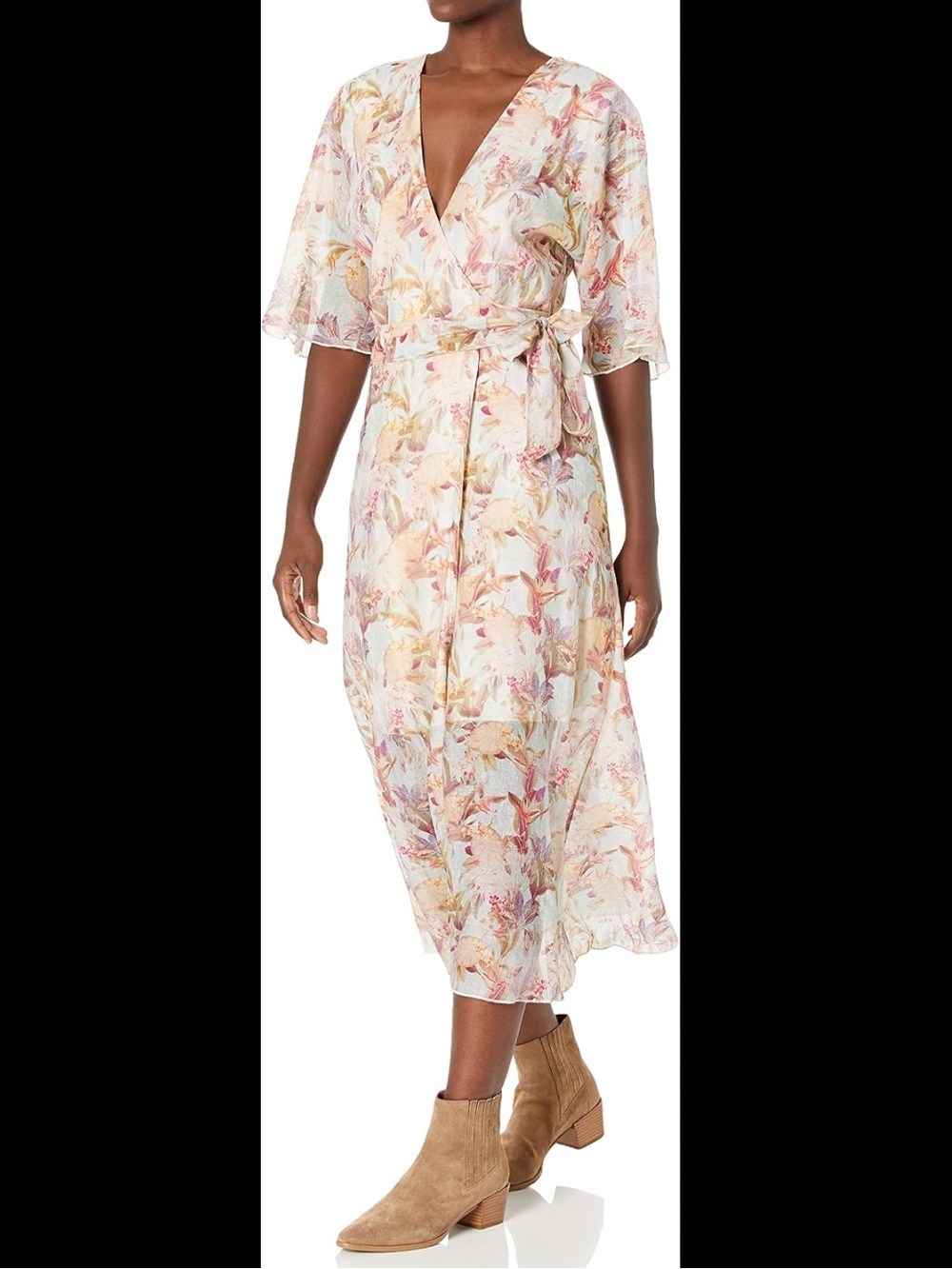 Guess Floral Wrap Midi Dress in Blush and Cream